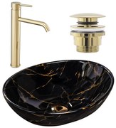 Set Lavabo da appoggio Sofia marble black + Rubinetto da bagno Lungo gold + Tappo gold