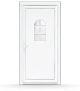 Porta di servizio in PVC e vetro, 1100 x 2100 mm, bianco, apertura a destra verso l’interno, doppio vetro Satinato, modello Orvieto