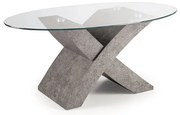 Tavolino piano in vetro ovale TITO con base color CEMENTO