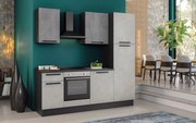 Cucina montata Dora bianco e grigio chiaro, lavello a sinistra, L.225 cm, completa di: cappa a camino, piano cottura a induzione, forno e frigorifero