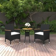 Set da pranzo per giardino 3 pz in polyrattan nero