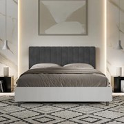Letto contenitore da 160x190 in legno bianco e testata in microfibra grigio Kaia