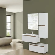 Mobile Bagno Sospeso Sfalsato 80 Cm Due Cassetti Specchio Feridras "Revital" Bianco Frassinato/Rovere