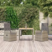 Set da pranzo da giardino 3 pz con cuscini in polyrattan grigio