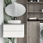 Mobile Bagno Sospeso "Vulcano Piano" Composto Da Due Cassetti Lavabo E Specchio Con Lampada Led
