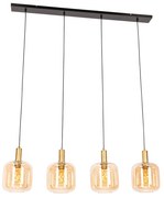 Lampada a sospensione smart nera con ottone e vetro ambrato 4 luci incl. 4 Wifi G95 - Zuzanna