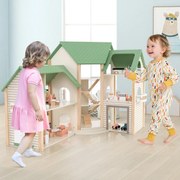 Costway Casetta delle bambole ad angolo in legno, Casa delle bambole con tetto verde con 36 mobili e accessori Verde