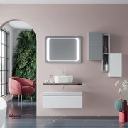 Mobile Bagno Sospeso "Linea" Da 80 Cm Composto Da Un Cassetto Ed Un Mensolone Top Lavabo E Specchio Finitura Bianco Opaco