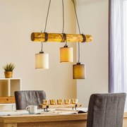BRITOP Lampada a sospensione Sachiko, travi in legno, tre paralumi in tessuto