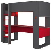 Letto a soppalco gamer + scrivania con LED e vani portaoggetti integrati 90 x 200 cm Antracite e Rosso - NOAH