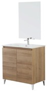 Mobile Bagno a Terra 80 Cm Due Ante Specchio a Filo 80x60 Cm Feridras "Revital" Rovere Di Bordeaux