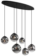 Lampada a Sospensione Art Déco Nera con Placca da Soffitto Ovale e Vetro Fumè a 6 Luci - Douglass