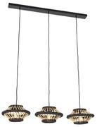 Lampada a sospensione orientale in bambù con paralumi neri oblunghi a 3 luci - Evalin