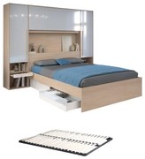 Letto con LED e vani portaoggetti 160 x 200 cm Naturale e Bianco lucido + Materasso - VELONA