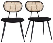 Sedie design nere in tessuto velluto, metallo e motivo a intreccio rattan naturale (set di 2) TOLMA