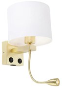 Applique da parete dorata con USB e paralume bianco 18 cm - Brescia Combi