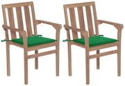 Sedie da giardino 2 pz con cuscini verdi massello di teak