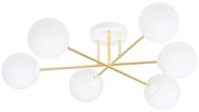 Plafoniera Moderna Magnium 6 Luci In Acciao Oro E Sfere In Vetro Bianco