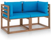 Divano da giardino pallet 2 posti cuscini blu chiaro legno pino