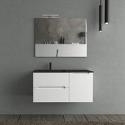 Mobile Bagno Sospeso Cannettato 100 Cm Due Cassetti Un'Anta Lavabo a Sx Specchio Con Lampada Led 70x100 Cm AdattoCasa "Rigo" Bianco Neve/Nero Opaco