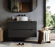 Mobile bagno grigio scuro 100x45 Mango due cassetti soft close con top quercia e lavabo tondo da appoggio in ceramica lucida