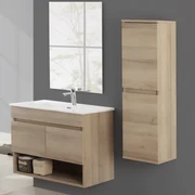 Mobile Bagno Sospeso 80 Cm Due Ante Vano a Giorno Specchio Feridras "Revital" Rovere Di Bordeaux