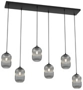 Lampadario 6 Luci Selene In Acciaio Nero E Vetri Plissettati Fumè
