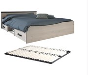 Letto con vani portaoggetti 140 x 190 cm 2 cassetti e 1 nicchia Naturale + Rete - PABLO