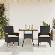 Set pranzo da giardino 3 pz con cuscini nero polyrattan acacia