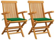 Sedie da giardino con cuscini verdi 2 pz in massello di teak