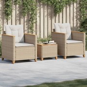 Set da bistrò 3 pz con cuscini beige polyrattan e legno acacia