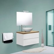 Mobile Bagno Sospeso 80 Cm Con Lavabo E Specchio Bianco Lucido Top Rovere Rio