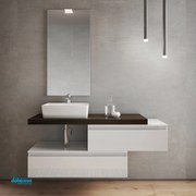 Mobile Bagno Sospeso "Ninfa" Da 120 cm Sfalsato C/Top In Finitura Olmo Caffè E Due Basi Cassettoni Bianco Lucido