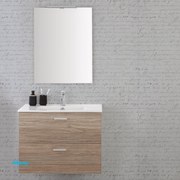 Mobile Bagno Sospeso "Greta" Da 80 Cm Composto Da Due Cassetti Lavabo E Specchio Con Lampada Led Finitura Rovere Tropea