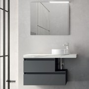 Mobile Bagno Sospeso "Ninfa" Da 100 cm Sfalsato C/Top In Finitura Marmo Bianco Carrara E Due Basi Cassettoni In Grafite Opaco