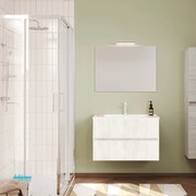 Mobile Bagno Sospeso "Easy" Da 80 Cm Composto Da Due Cassetti Lavabo E Specchio Con Lampada Led Finitura Rovere Bianco