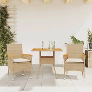 Set pranzo da giardino 3 pz con cuscini beige polyrattan acacia