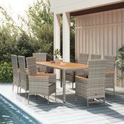 Set da pranzo da giardino 9 pz con cuscini in polyrattan grigio