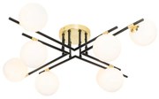 Plafoniera Art Déco nera con oro e vetro opalino 8 luci - Lynn