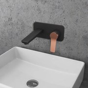 Kamalu - miscelatore lavabo a muro finitura nera e leva in oro rosa | kam-kanda nero-rg