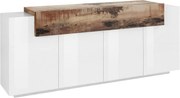 Credenza Moderna CORO con 4 Ante Battente e 1 Anta Ribalta in Bianco Lucido - Acero Pereira