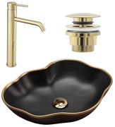 Set Lavabo da appoggio Pearl black matt gold edge + Rubinetto da bagno Lungo gold + Tappo gold