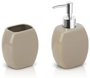 Set accessori bagno da appoggio dispenser e porta spazzolini in ceramica tortora