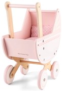 Passeggino per bambole in legno con coperta e cuscino - rosa