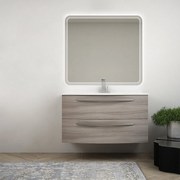 Mobile bagno 100 cm moderno sospeso curvo Larice modello Berlino con specchio led