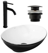 Set Lavabo da appoggio Sofia black white + Rubinetto da bagno Lungo black matt + Tappo black matt