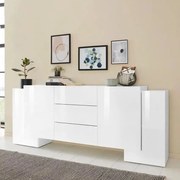 Credenza Pillon Moderna con 2+2 Ante Battenti e 2 Cassetti, Bianco Lucido