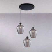 Bonetti Illumina Sospensione in ferro laccato nero e diffusori in vetro soffiato Grigio con decoro in rilievo 3 luci