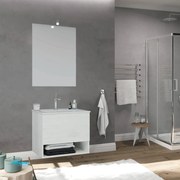 Mobile Bagno Sospeso "Oslo" Da 60 Cm Con Un Cassetto Ed Un Vano a Giorno Lavabo Specchio E Lampada Led In Finitura Rovere Bianco