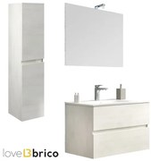 Mobile da bagno sospeso 80 cm con lavabo, colonna, specchio e led rovere bianco